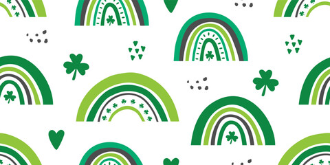 St. Patrick's Day seamless pattern. Hand drawn rainbows with shamrock symbols. Cute rainbow bridges for Patricks Day. Vector illustration. - obrazy, fototapety, plakaty