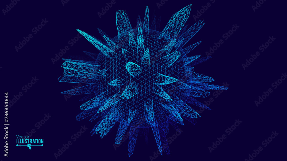 Poster Abstract 3D Sphere with Spikes Background. Vector Illustration for Album Music or Other Cover, Banner, Presentation. 3D Sphere Design Element With Random Noise.