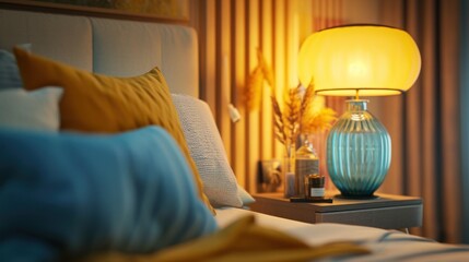 Close-up cozy modern bedroom white blanket blue-yellow pillow near blue glass lamp with nightstand at night. Scandinavian home interior