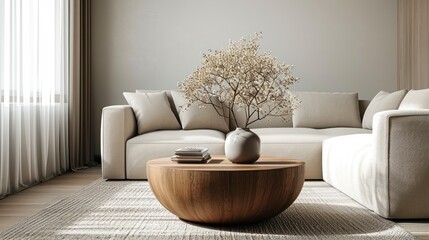 Cozy living room grey sofa with round drum wood coffee table and beige wall. vase, book decor, with grey carpet and white curtain. Scandinavian living room interior