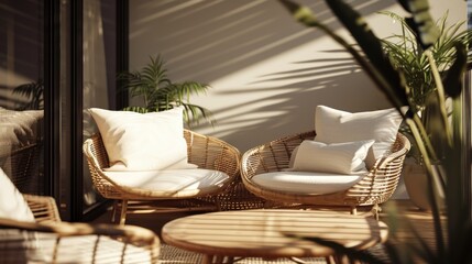 Close-up cozy rattan armchairs with white cushions, pillows, and wooden coffee table at terrace home