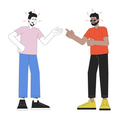 Two men arguing line cartoon flat illustration. Male friends, boyfriends yelling 2D lineart characters isolated on white background. Emotional expressing, body language scene vector color image