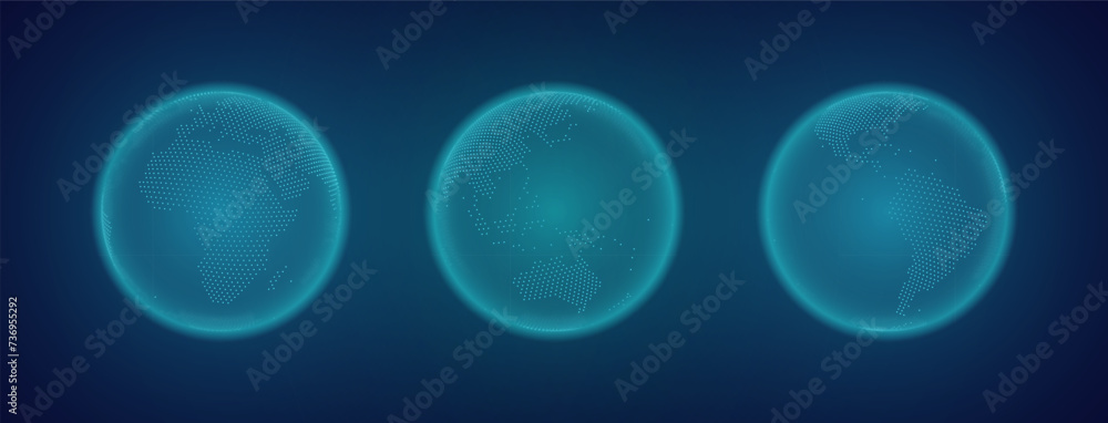 Poster Set of Transparent Globes of Earth. World Map In Globe Shape. Futuristic Globalization HUD Interface. Sci-Fi Technology Abstract Graphics. Internet of Things IOT Concept. Vector Illustration.