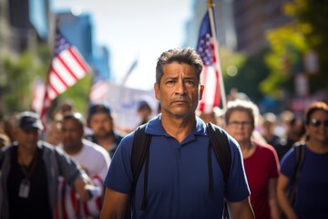 
Photograph a middle-aged Hispanic man, aged 40, marching alongside others in a demonstration advocating for immigrant rights
