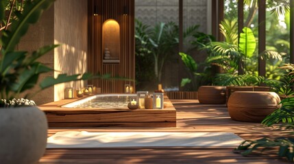 Tropical private spa and bathroom in a tropic resort hotel with wooden texture interior with relaxing candles and indoor houseplants