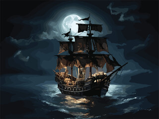 pirate ship in the sea - obrazy, fototapety, plakaty