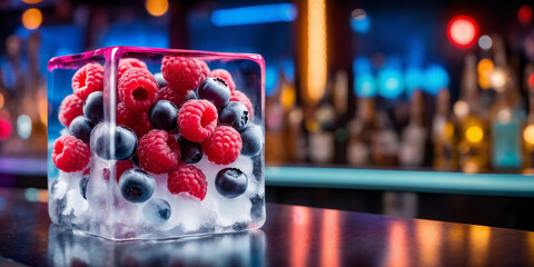 Fresh raspberries and blueberries in ice cubes on bar counter with night club background....