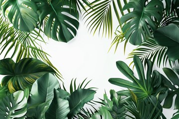 Tropical leaves frame with space for text, lush green foliage on white background, exotic botanical design.
