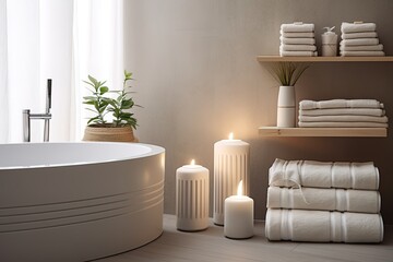 bathroom room ideas, including bathtub, glass, towels, shower, shelf table which are simple and minimalist but still give the impression of being clean and elegant.