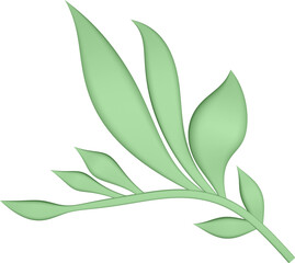 3D illustration rendering of a bending branch with leaves of different sizes on a transparent background
