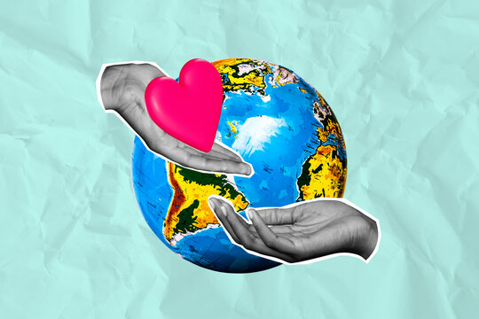 Photo collage poster planet earth two hands reach worldwide earth other love heart love relationship symbol drawing background - Powered by Adobe