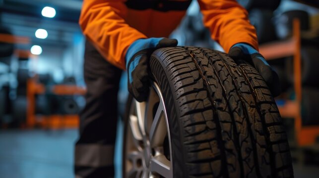 Professional mechanic changing car tire in automotive repair workshop