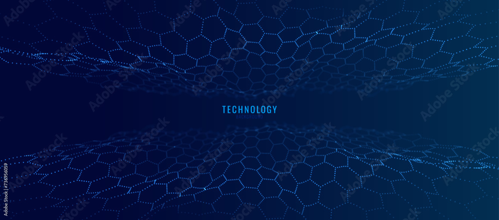 Poster Futuristic Hexagon Perspective Wide Angle Grid. Blue Network Connection Concept. Big Data Digital Background. Vector Illustration