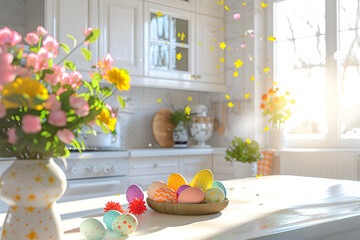 Easter decoration of colorful eggs on the plate and spring flowers in vase on the kitchen table in a rustic style. Festive interior of a country house