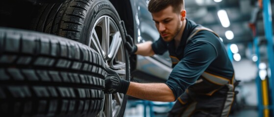 Professional mechanic changing car tire in automotive repair workshop