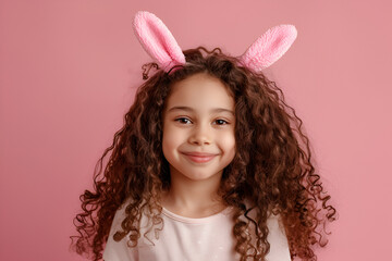 Fototapeta premium Cute child wearing bunny ears on Easter day on pink background
