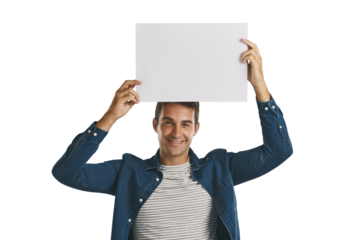 Portrait, announcement and happy man with blank poster on deal promotion isolated on transparent png background. News, presentation and guy showing offer on paper, sign or billboard with mockup space