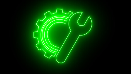  Wrench and gear icon isolated on black background. Glowing neon line Wrench icon isolated on black background. Spanner icon.