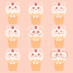 Vector collection of cute kawaii ice cream face emoji expressions