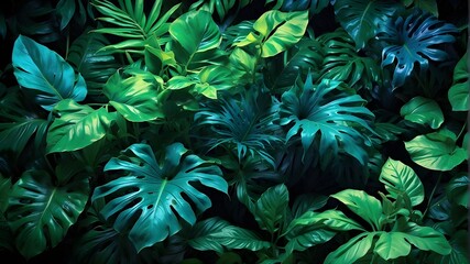 Electric Tropical Leaves in Vibrant Green and Blue, Electric Jungle Tropical Leaves, Neon Green and Blue Electric Jungle, Vibrant Green and Blue Neon, Vibrant Green and Blue Jungle Leaves