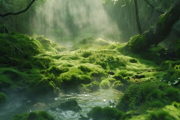 Moss forest. Deep in a mossy misty forest. Green carpet of moss, a stream flowing beneath. - obrazy, fototapety, plakaty