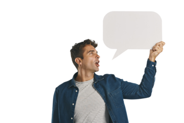 Speech bubble, opinion and man with blank poster message isolated on transparent png background. News, social media comment and guy showing vote notification on paper, sign or billboard with mockup.