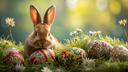 Easter bunny sitting in the grass with colorful hand painted Easter eggs on a sunny spring day.