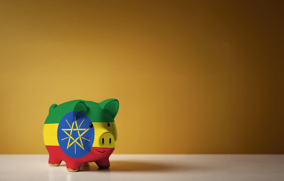 Piggy bank with painting of Ethiopia flag. The problem is in the economy. Economic crisis. Saving money concept.