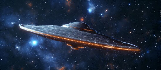 An unidentified flying object is soaring through the vast darkness of space, surrounded by electric blue hues and distant astronomical objects