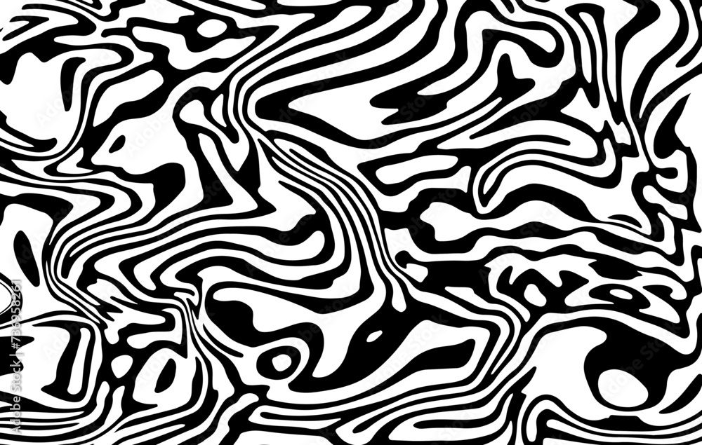 Poster Glitched distorted op art pattern. Abstract black and white geometric background with curved lines.