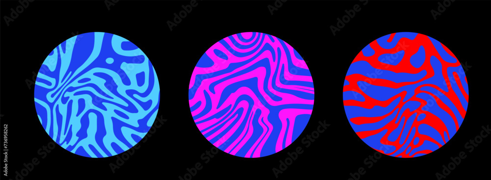Poster Set of colorful circles with wavy psychedelic pattern. Collection of abstract modern elements for poster, cover, logotype design.