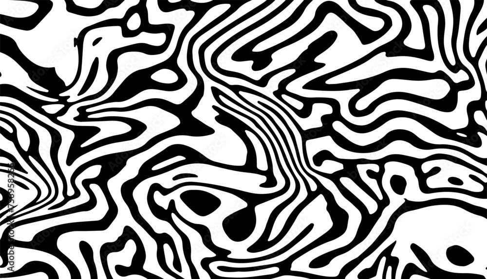Poster Glitched distorted op art pattern. Abstract black and white geometric background with curved lines.
