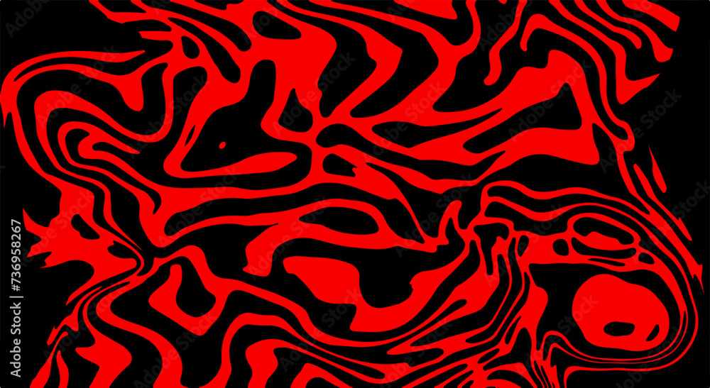 Poster Abstract trippy red and black psychedelic background with melting and distorting lines resembling meat texture.