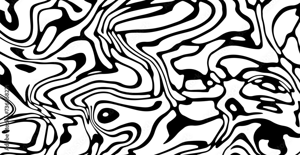 Poster Glitched distorted op art pattern. Abstract black and white geometric background with curved lines.