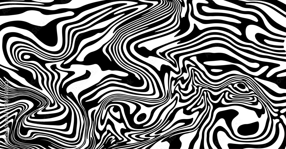 Aufkleber glitched distorted op art pattern. abstract black and white geometric background with curved lines.