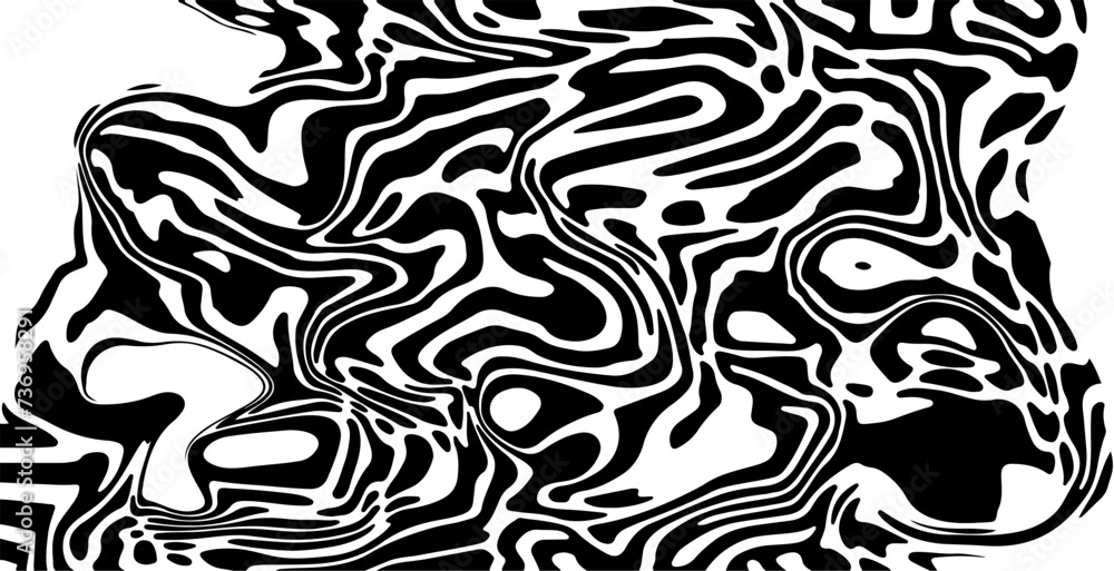 Poster Glitched distorted op art pattern. Abstract black and white geometric background with curved lines.