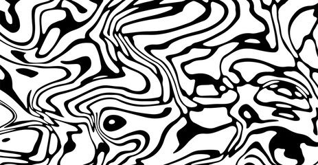 Glitched distorted op art pattern. Abstract black and white geometric background with curved lines.