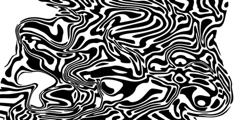 Glitched distorted op art pattern. Abstract black and white geometric background with curved lines.