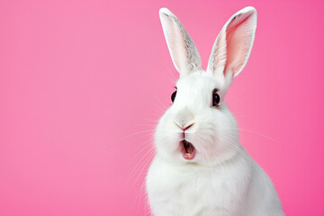 Obraz premium White cute rabbit is looking out of the image with a surprised expression on pink background, free space for your advertising