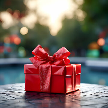Gift box with red bow on bokeh background. 3d rendering