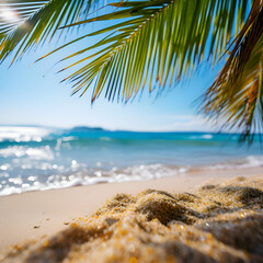 Fototapeta na wymiar Tropical beach with palm leaf and sand. Vacation concept
