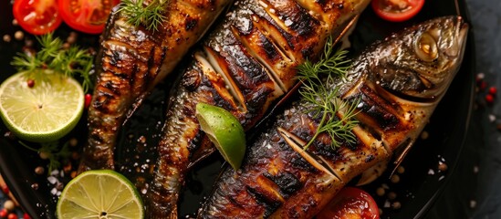 a close up of a plate of grilled fish with tomatoes and limes . High quality