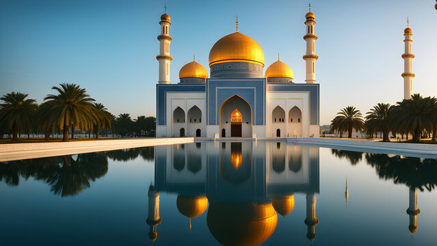 The majestic mosque, with its golden domes and tall minarets, stands reflected in the calm waters, creating a symmetrical masterpiece under the serene sky