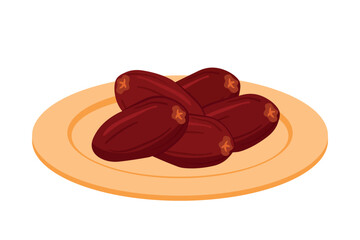 Date fruit on plate in flat cartoon vector illustration for Ramadan and Eid Snack Food