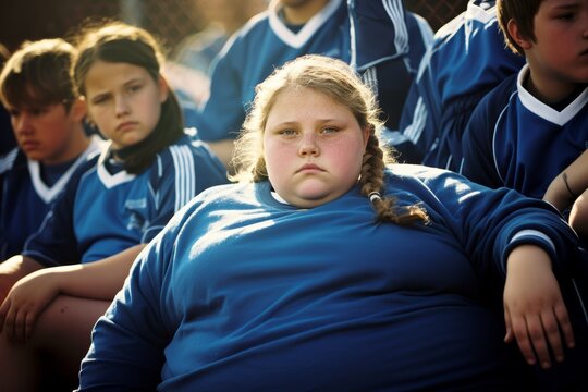 An obese girl, 10 years old, of Caucasian ethnicity, sitting on the sidelines during a soccer game, watching her friends play