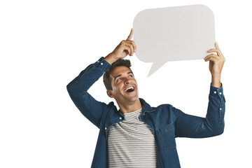 Voice, opinion and man with blank speech bubble message isolated on transparent png background. News, social media comment and guy showing vote notification on paper, sign or billboard with mockup. - obrazy, fototapety, plakaty