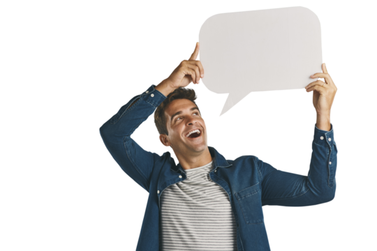 Voice, opinion and man with blank speech bubble message isolated on transparent png background. News, social media comment and guy showing vote notification on paper, sign or billboard with mockup.