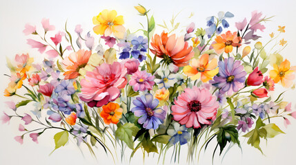 A painting of a bunch of colorful flowers on a white background.