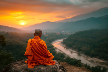 Buddhist monk in meditation on high mountain at beautiful sunset