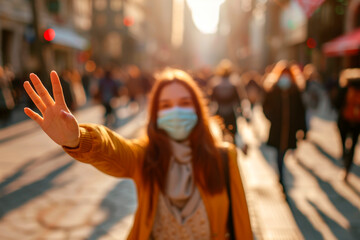 Fototapeta na wymiar Young woman wearing medical face mask showing gesture Stop - keep social distance. Epidemic outbreak prevention.
